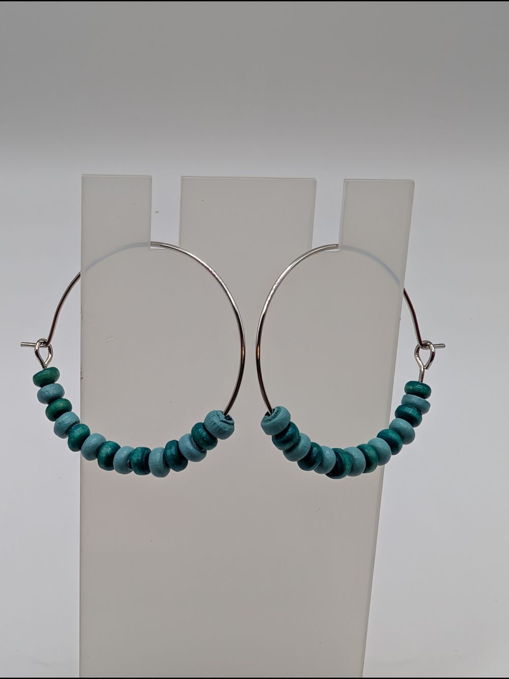 Silver Tone With Turquoise Colored Beaded Hoop Earrings - Women Jewelry